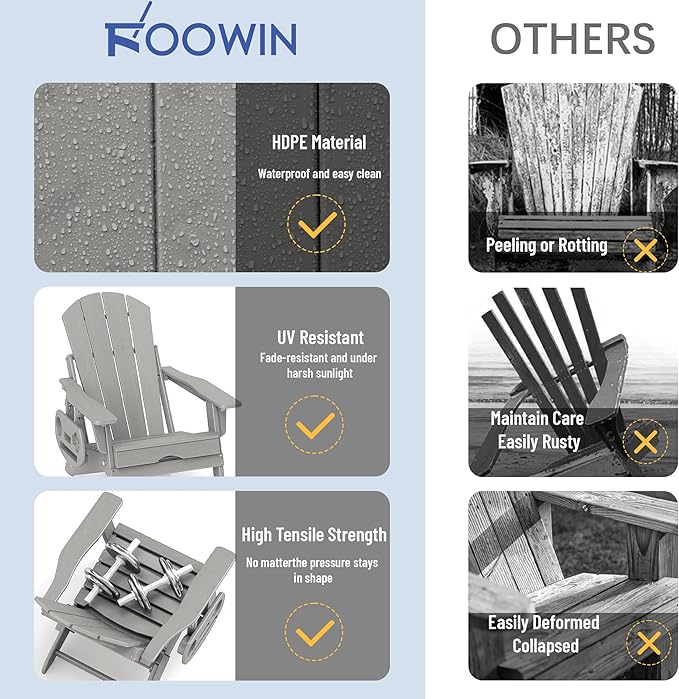 FOOWIN Adirondack Chair with Retractable Ottoman,HDPE Folding Adjustable Adirondack Chair w/4 in 1 Cup Holder Trays,All-Weather Resistant Fire Pit Chair for Outdoor Patio Lawn Set of 6