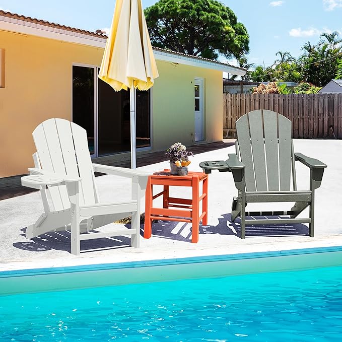 FOOWIN Folding Adirondack Chair Set of 2, HDPE Adirondack Chairs with Cup Holder, Weather Resistant Plastic Fire Pit Chairs for Outdoor, Patio, Lawn, Garden, Backyard, Deck, White