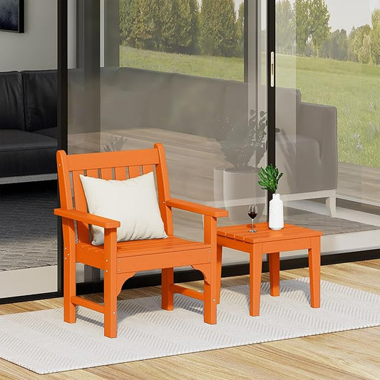 Costaelm Outdoor Patio Table and Chairs Set of 2, 2-Piece HDPE Garden Chair with Square Adirondack Side Table Set, Porch Chairs Coffee Table for Outside Porch Backyard, Orange