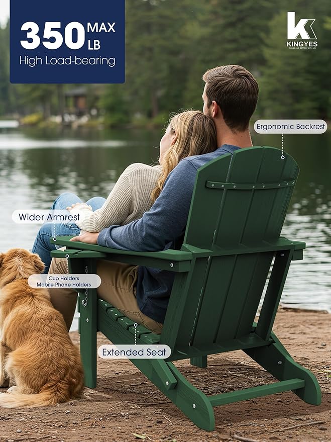 KINGYES Folding Adirondack Chair Set of 2, Dual Cup Holders & All-Weather HDPE, Wood-Like Patio Chair for Backyard - Photo 6
