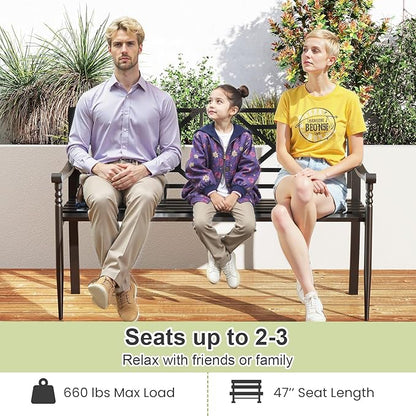 Tangkula 51" Metal Outdoor Park Bench, Slatted Garden Bench for 2-3 People, Patio Park-Style Loveseat with Curved Armrests, Heavy-Duty Outdoor Seating for Backyard, Lawn, Porch