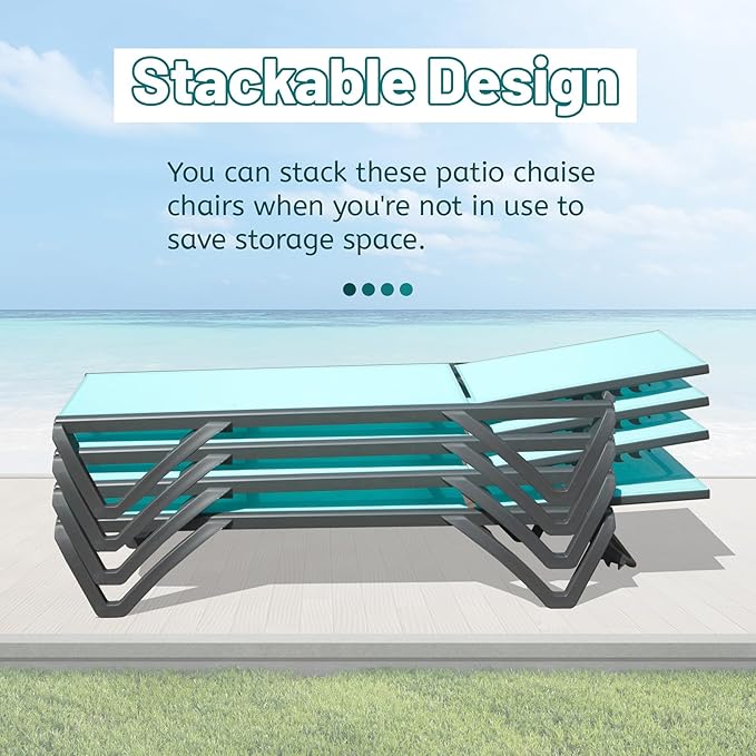 Domi Patio Lounge Chairs Set of 2, Aluminum Pool Chaise Lounge with 5 Position Adjustable Backrest and Wheels, Outdoor Lounge Chairs for Pool, Garden, Beach, Backyard, Turquoise Blue