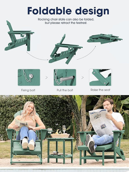 KINGYES Adirondack Rocking Chair Set of 4 with Retractable Ottoman and Cup Holders, HDPE Adirondack Rocker Patio Rocking Chair for Porch, Patio, Balcony, Leaf Green