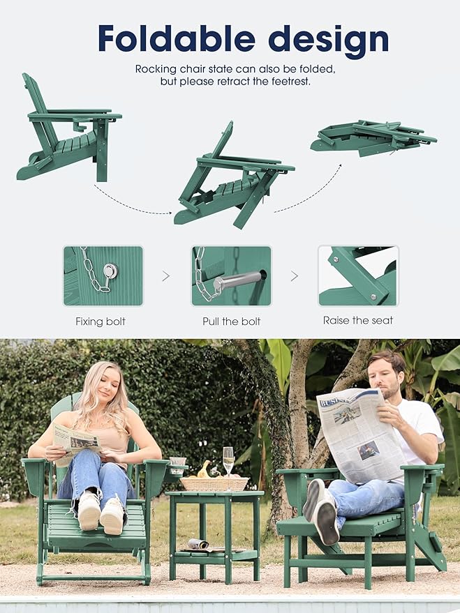 KINGYES Adirondack Rocking Chair Set of 2 with Retractable Ottoman and Cup Holders, HDPE Adirondack Rocker Patio Rocking Chair for Porch, Patio, Balcony, Leaf Green