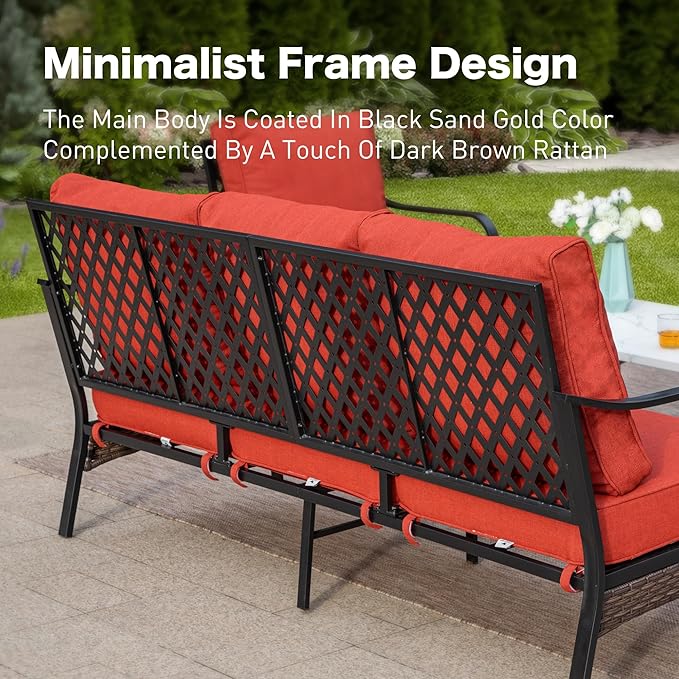 Metal Patio Sofa with 5.75" Extra Thick Waterproof Cushion, 3-Seater Deep Seating & High-Back Black Outdoor Couch All Weather Outdoor Seating Furniture for Deck Porch, Rust Red