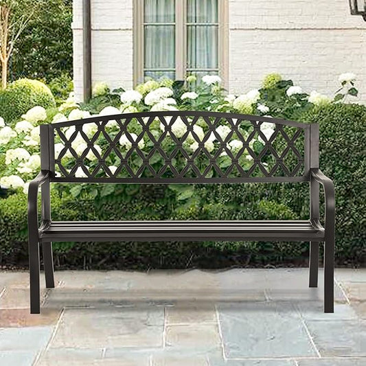 50-Inch Garden Bench,Park Outdoor Bench Metal Bench Clearance Yard Porch Chair with Steel Frame Outdoor Furniture for Backyard Entryway Deck Lawn, Black