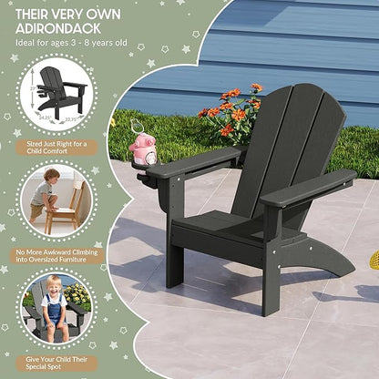 WestinTrends Malibu 3-Piece Kids HDPE Adirondack Chairs Set with Square Side Table and Cup Holders, Gray