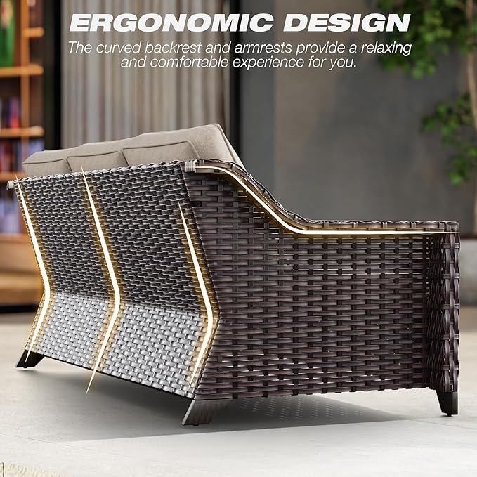 Joyside Patio Furniture Set, 3 Pieces Outdoor Wicker High Back Sofa with Ottoman and Comfy Cushions, Upgraded Large Size - Photo 6
