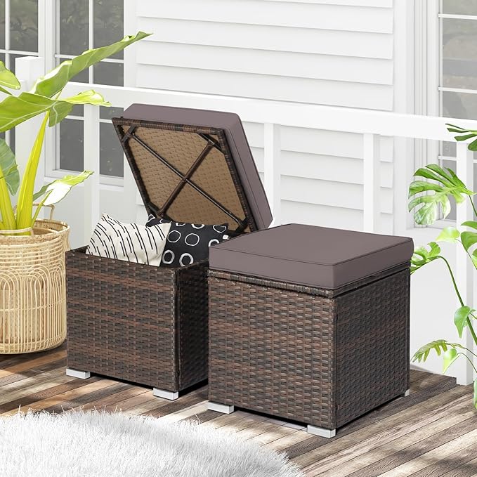 RELAX4LIFE Wicker Outdoor Storage Ottoman, 2-Piece Rattan Footstool w/Removable Cushion - Photo 10