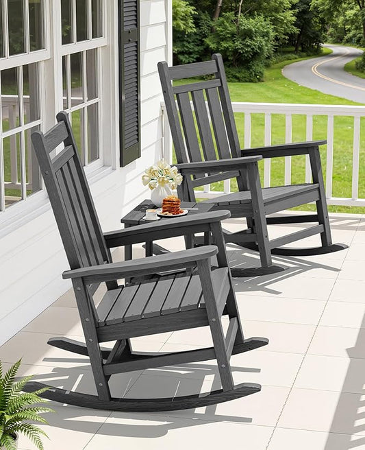 KINGYES Oversized Outdoor Rocking Chair, All-Weather Patio Rocking Chairs for Porch, HDPE Outdoor Patio Rockers with High Back & Wide Seat for Garden, Lawn, Gray