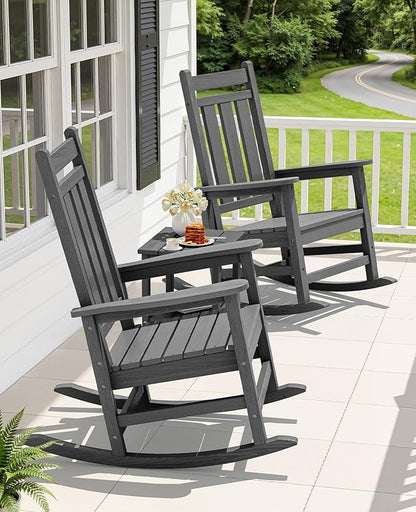 KINGYES Oversized Outdoor Rocking Chair Set of 4, All-Weather Patio Rocking Chairs for Porch, HDPE Outdoor Patio Rockers with High Back & Wide Seat for Garden, Lawn, Gray