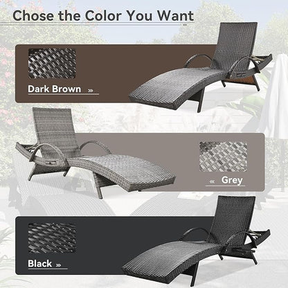 LUMISOL Outdoor Chaise Lounge Chairs with Adjustable Backrest, Set of 2, Wicker Reclining Lounge Chair with Pull-Out Side Table, 80'' Patio Rattan Reclining Chair, Pool Sunbathing Recliners, Black