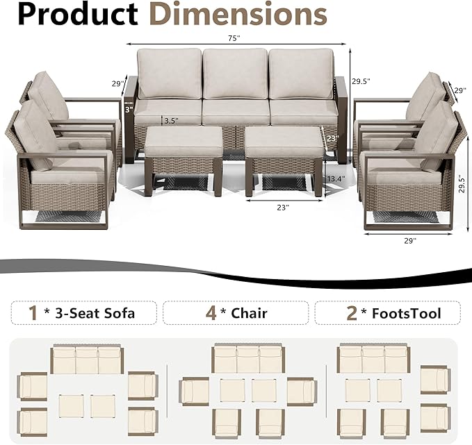 Outdoor Patio Furniture Set, 7 Piece Wicker Patio Conversation with Deep Seating, Thicken Cushions, Outdoor Club Chair, Metal Outdoor Furniture for Deck, Porch, Yard Use (Beige, 7 PCS/Chairs)