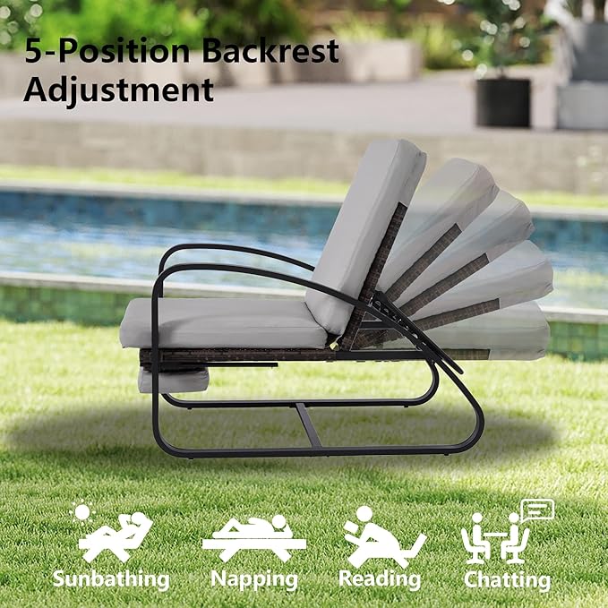3 Piece Patio Furniture Set, Metal Patio Chairs with Fold Out Foot Rest, 5-Position Adjustable Patio Chaise Lounge Outdoor, Pool Lounges Chair Outdoor Recliners with Side Table for Deck, Grey