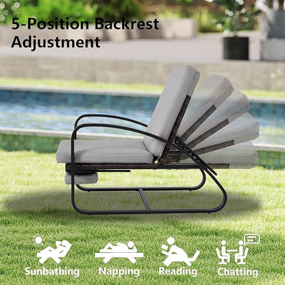 3 Piece Patio Furniture Set, Metal Patio Chairs with Fold Out Foot Rest, 5-Position Adjustable Patio Chaise Lounge Outdoor, Pool Lounges Chair Outdoor Recliners with Side Table for Deck, Grey
