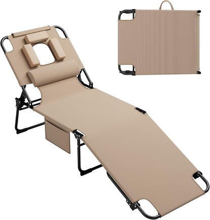 400lbs Tanning Chair, 5-Fold Beach Lounge Chair with Face Hole & 2 Side Pockets, Non-Slip Foot & Portable Handle, Beach Chaise Lounge for Patio/Pool/Lawn(1, Beige)