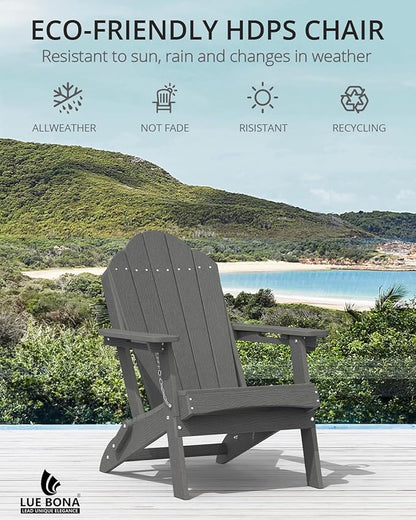 LUE BONA HDPE Folding Adirondack Chairs Set of 4 - Weather Resistant Modern Matte Seating with Cup Holder for Urban Patio, Fire Pit, Deck & Resort Garden, Dark Gray