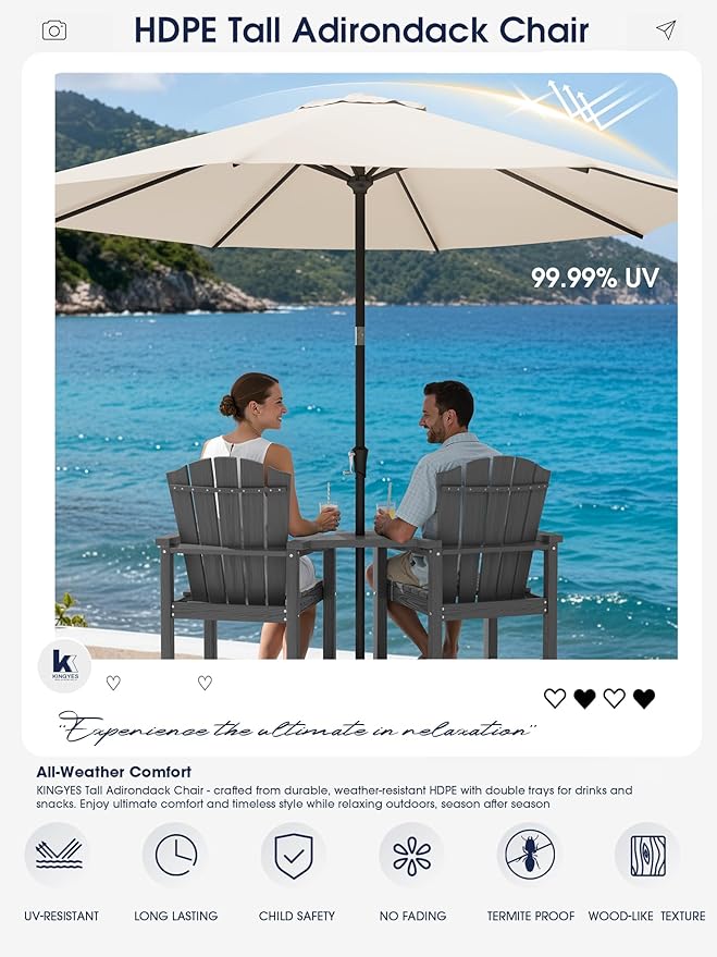 KINGYES Tall Adirondack Chairs Set of 4 with 9FT Umbrella, All Weather Embossed Balcony Height Chair with Double Connecting Trays, High Airondack Chair with Wood Grain, Backyard, Deck, Gray