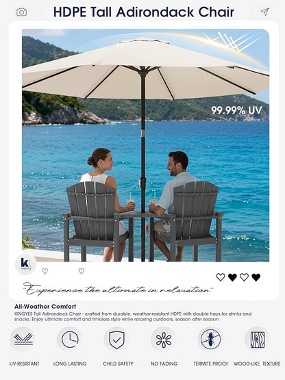 KINGYES Tall Adirondack Chairs Set of 4 with 9FT Umbrella, All Weather Embossed Balcony Height Chair with Double Connecting Trays, High Airondack Chair with Wood Grain, Backyard, Deck, Gray