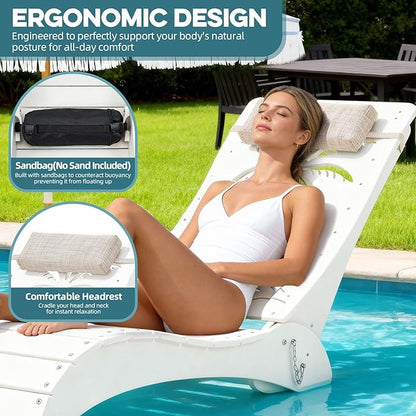 in Pool Lounge Chairs Set of 4, HDPE Pool Chaise Loungers for Sun Shelf up to 9 Inches, Fade-Resistant, 3-Position Adjustable Backrest with Headrest, Ergonomic Poolside Lounger, Teak