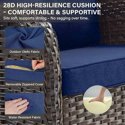 Belord Patio Rocking Chair Wicker Chair, 1 Piece Outdoor Rocking Chair Seating with Cushions for Porch Deck Balcony, Brown/Blue