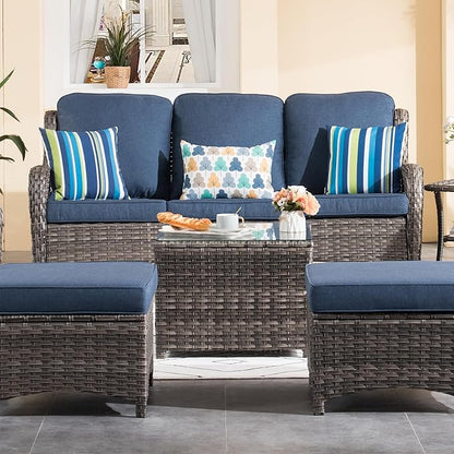 ovios Outdoor Side Table with Tempered Glass Top, Patio Wicker Rattan Coffee End Tables for All-Weather Porch Deck Balcony Garden Poolside (Grey-Medium Size)