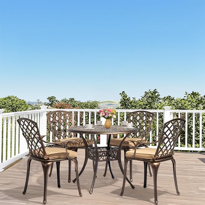 VINGLI Outdoor Dining Chairs Set of 4 with Cushion Aluminum Patio Chairs, Cast Aluminum Patio Furniture Aluminum Outdoor Chairs for Backyard, Poolside, Balcony Bronze (4, Grid Back with Cushion)