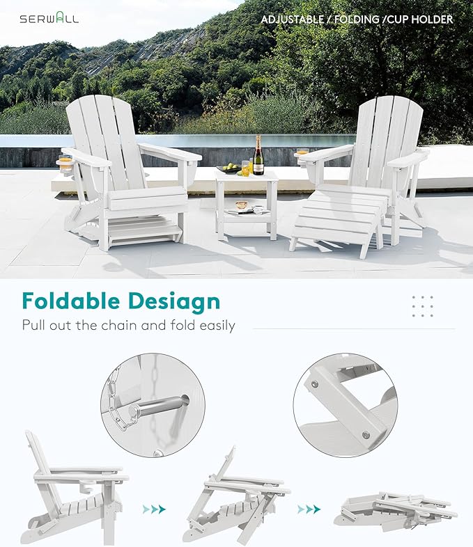 SERWALL 5-Piece Adirondack Chair and Ottoman and Table Set, White - Photo 4