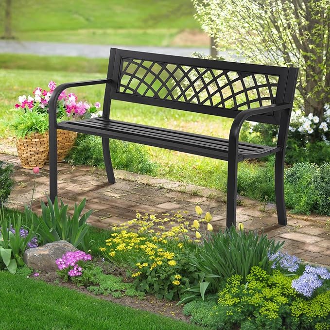 Garden Bench Patio Bench Outdoor Park Bench Metal Outside Porch Chair Seat Cast Iron Steel Frame Sturdy Bench Patio Furniture for Yard Porch Entryway Lawn Decor Deck, Black, 46 in