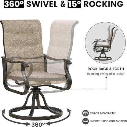 Patio Swivel Chairs Set of 2, Outdoor Dining Chairs with High Back, All-Weather Swivel Rocker Chair for Lawn, Porch or Garden (Padded Brown)