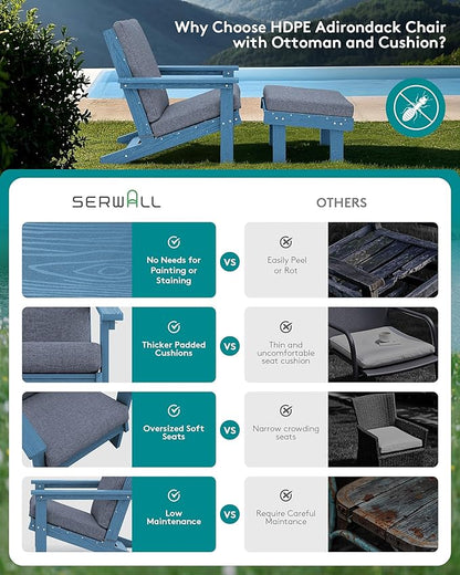 SERWALL Adirondack Chair Set of 2 with Cushion and Ottoman -All Weather HDPE Outdoor Adirondack Chair Set, Durable Adirondack Patio Chairs for Garden, Deck, or Poolside- Blue