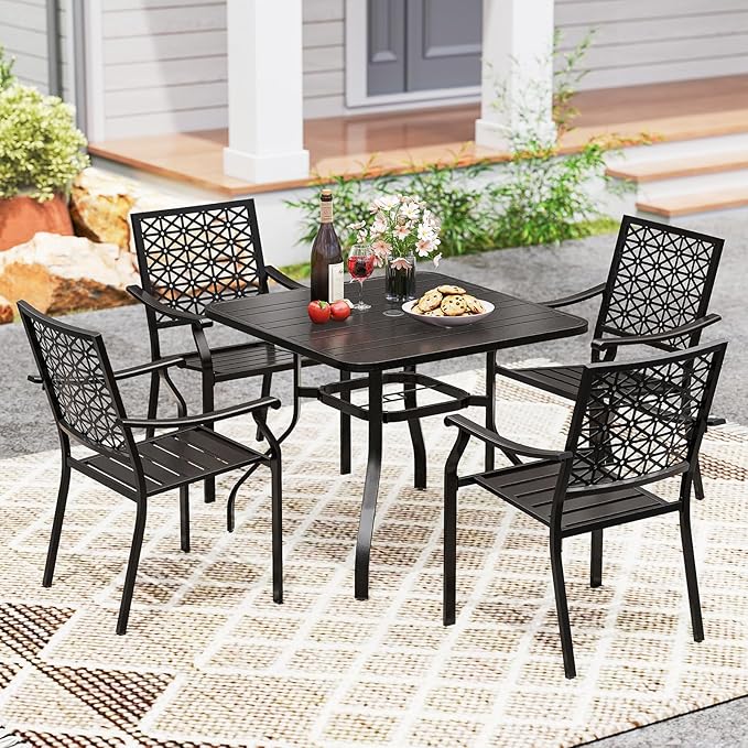 Tangkula 37” Outdoor Dining Table for 4, Square Patio Bistro Dining Table with 1.57” Umbrella Hole and Metal Frame, Outdoor Patio Table for Balcony, Garden and Backyard