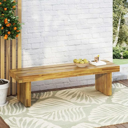 Outdoor Bench 57" Acacia Wood Garden Bench with Rustic Slat Design & Block Legs, Weather Resistant Patio Seating for Garden, Deck & Backyard, Easy Assembly Entryway Bench
