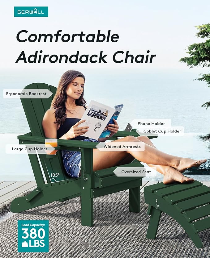 SERWALL Adirondack Chair with Cup Holders - Composite Adirondack Chairs HDPE Outdoor Chairs All Weather Use- Green - Photo 4