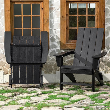 Folding Adirondack Chair Weather Resistant Foldable Fire Pit Chairs HDPE Outdoor Adirondack Chair for Patio Front Porch Pool Garden Deck Fire Pit Outside, Black