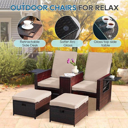 5PCS Outdoor Wicker Chaise Lounge Chair - Rattan Adjustable Reclining Patio Lounge Chair with Ottoman and Coffee Table, for Patio Beach Pool Backyard (Brown Wicker Khaki Cushion)