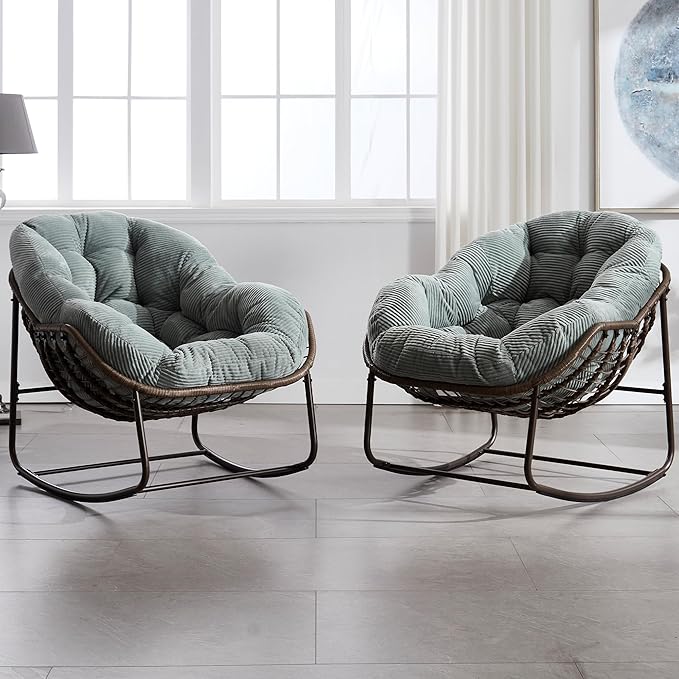 HOMEFUN Outdoor Patio Rocking Chairs Set of 2, Oversized Papasan Rock Chair Indoor with Striped Velvet Padded Cushion - Rocker Egg Seat for Front Porch, Garden, Patio, Backyard Green