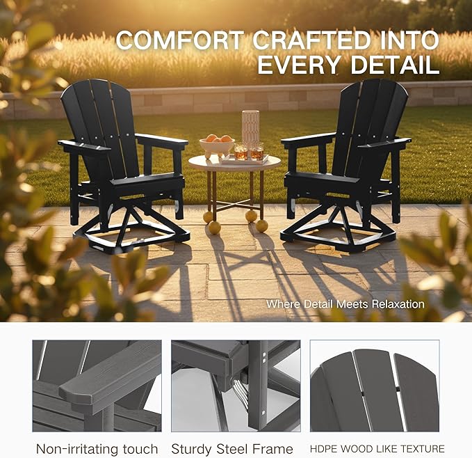 Kingdura Adirondack Swivel Glider Chair, HDPE Patio Glider Rocking Chair for Outdoor, All-Weather Glider Chair for Porch Balcony Lawn Poolside, 450LBS Capacity (Black)