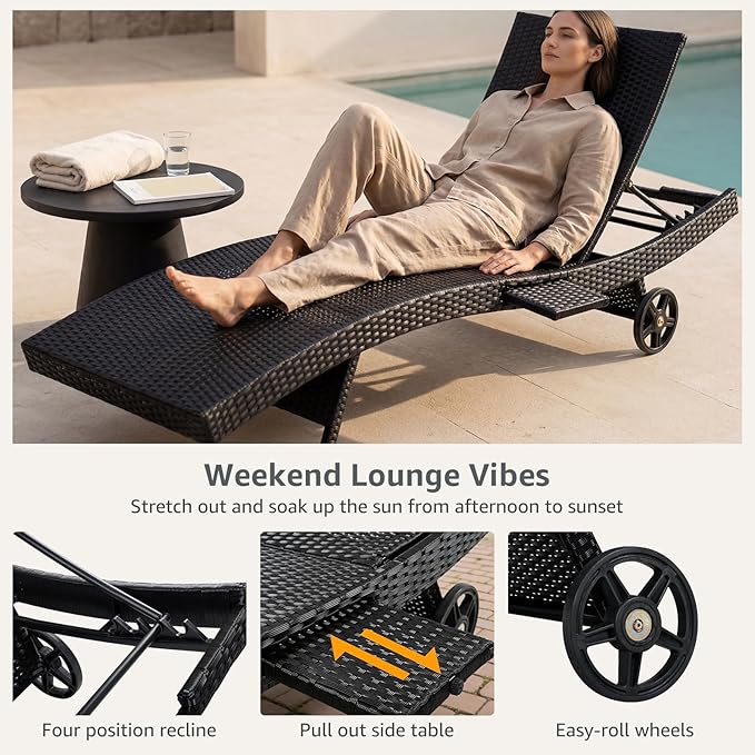 Set of 6 Black Outdoor Chaise Lounge Chairs, Wicker Patio Lounge Chairs with Adjustable Backrest and Wheels, Durable PE Rattan Pool Chair for Patio, Poolside and Garden