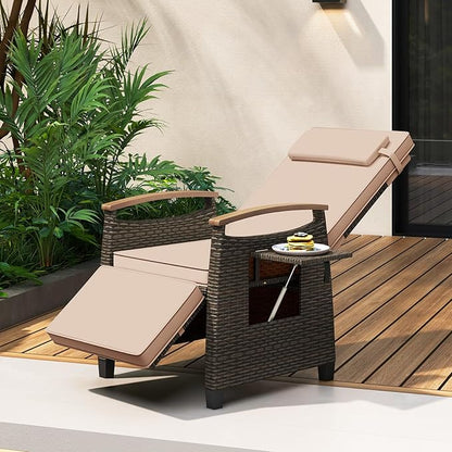 Tangkula Patio Wicker Recliner Chair, Rattan Lounge Chair w/Adjustable Backrest & Footrest, Flip Side Table, Push Back Reclining Seat w/Cushion for Backyard, Porch, Lawn (1, Beige)