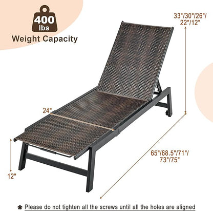 Giantex Patio Chaise Lounge Chair - Outdoor PE Rattan Recliner Chair with Wheels, 5-Position Adjustable Backrest, Steel Frame, Wicker Tanning Chair for Deck, Poolside, Yard, Beach Sunbathing Chair(2)