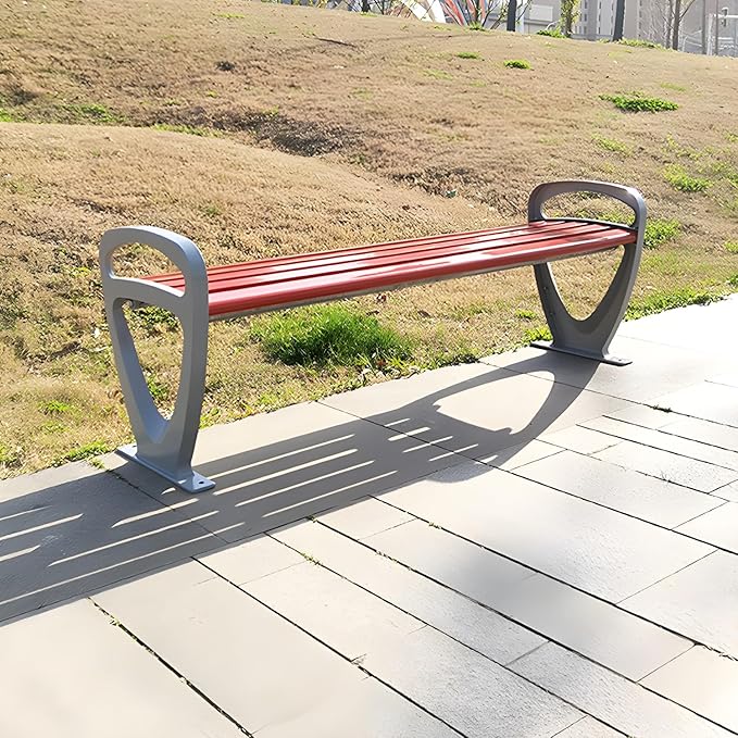 LITFAD Garden Bench Industrial Metal Frame Park Bench with Waterproof Wood Curved Seat Outdoor Seating Bench for Patio, Lawn, Yard, Porch - Red 47" L x 16" W x 21" H