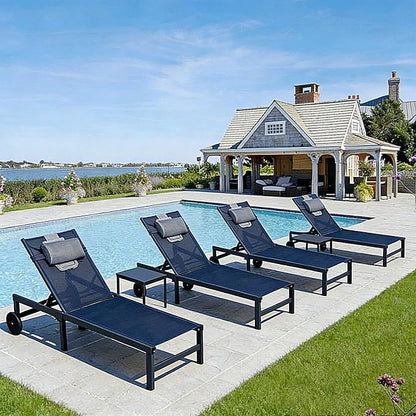 PURPLE LEAF Outdoor Tanning Lounge Chair Set with Face Hole Aluminum Adjustable Chairs Wheels Pillows and Table for Poolside Beach Patio Reclining Sunbathing Lounger Navy Blue