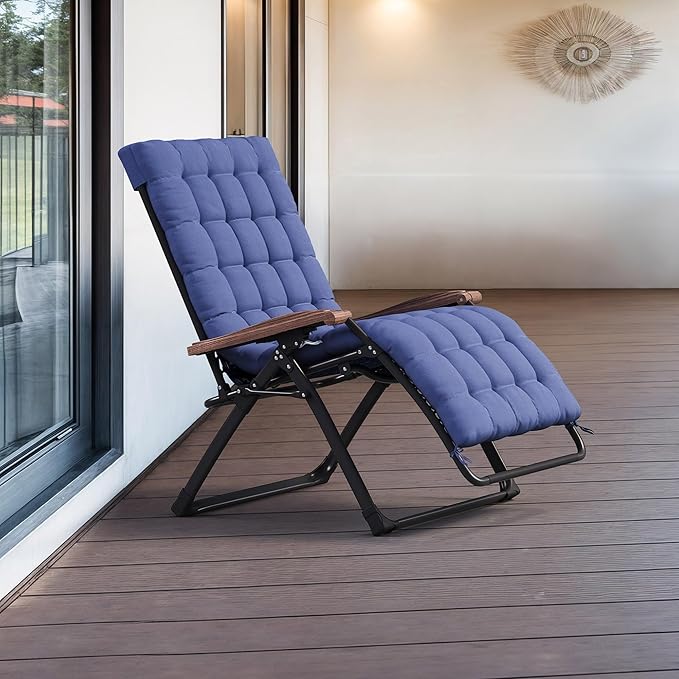 PURPLE LEAF Extra Wide Outdoor Reclining Chair Patio Zero Gravity Chaise Lounge Folding Chair with Removable Cushion Adjustable Headrest for Lawn Camping Beach Pool Navy Blue