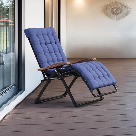 PURPLE LEAF Extra Wide Outdoor Reclining Chair Patio Zero Gravity Chaise Lounge Folding Chair with Removable Cushion Adjustable Headrest for Lawn Camping Beach Pool Navy Blue