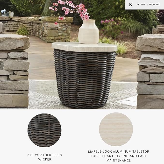 Signature Design by Ashley Kimora Cottage Faux Marble Pattern Tabletop Outdoor End Table with Pedestal Base, Dark Brown & Beige