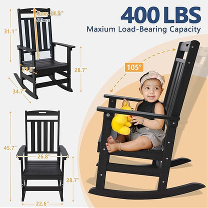 Outdoor Rocking Chair Oversized Set of 2, HDPE All Weather Resistant Patio Rocker, 31.5" High Back 21.5" Deep Seat Oversized Porch Chairs for Lawn Garden Deck Balcony 400lbs Capacity(Black)