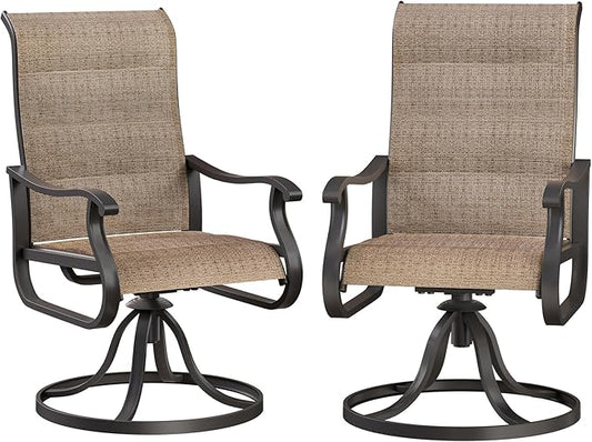 Patio Swivel Chairs Set of 2, Outdoor Dining Chairs with High Back, All-Weather Swivel Rocker Chair for Lawn, Porch or Garden (Padded Brown)