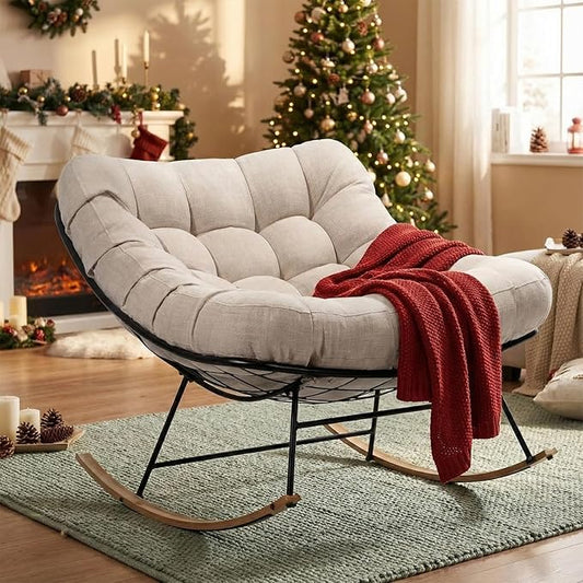 Bme Patio Rocking Chair Outdoor & Indoor, Beige Cushion - Wood Texture Rocker, Metal Patio Lounge Rocking Chair with Thick Cushion, Comfy Modern Rocker Chair for Living Room, Porch, Backyard