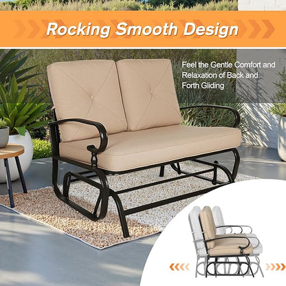 Incbruce Outdoor Glider Rocking Chair Patio Glider Bench for 2 Person, Porch Loveseat Seating Patio Steel Frame Chair Set with Cushion for Porch, Patio, Garden (Brown)
